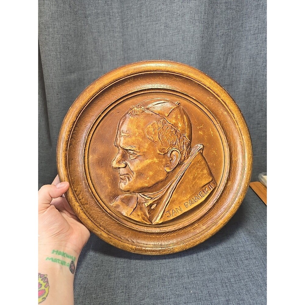 Vintage Wall Hanging Medallion Profile Portrait of Pope John Paul II Wood-like